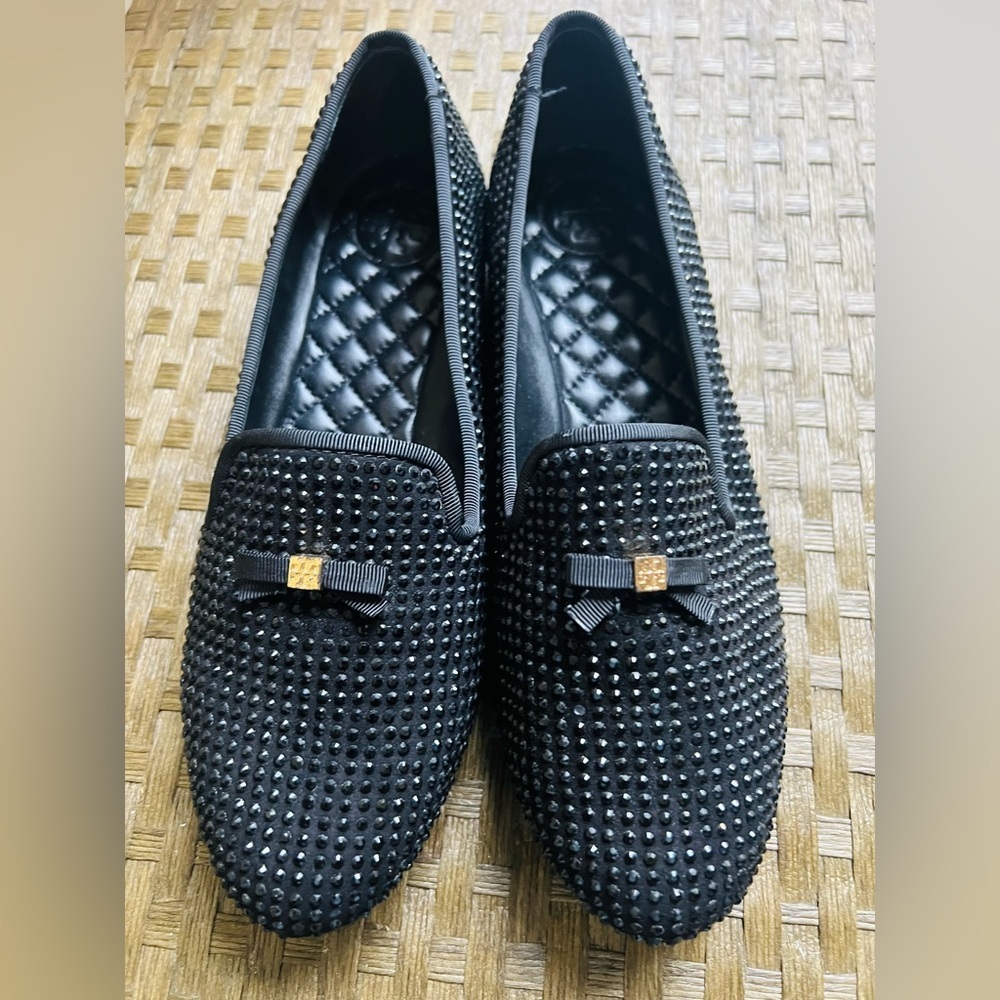 Tory Burch Black Studded Loafers with Gold Bow